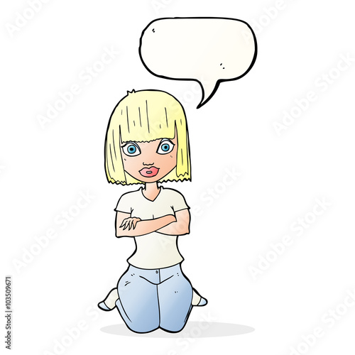 cartoon woman kneeling with speech bubble