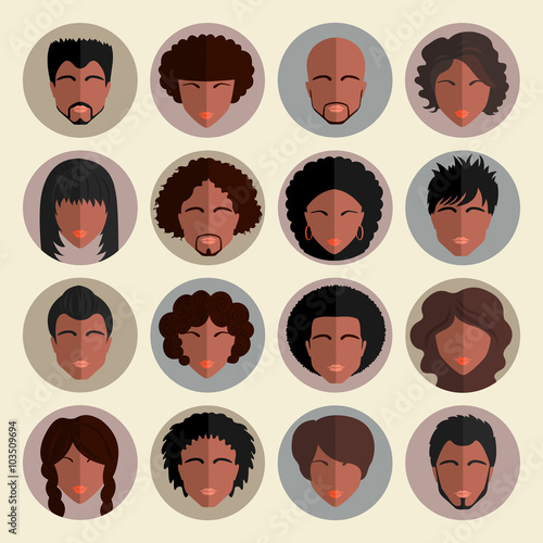 Set of stylish avatars african american people  in flat design.