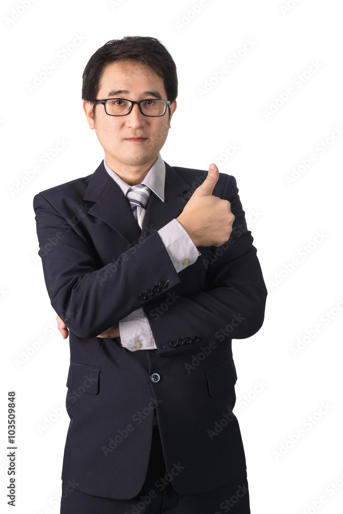Asian businessman making thumbs up with a Smiling, Isolated on w Asian businessman making thumbs up with a Smiling, Isolated on w