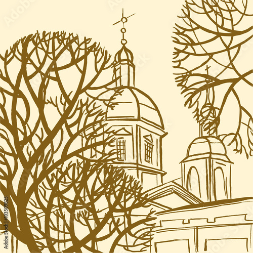 Panteleymon Cathedral in St. Petersburg with trees. photo