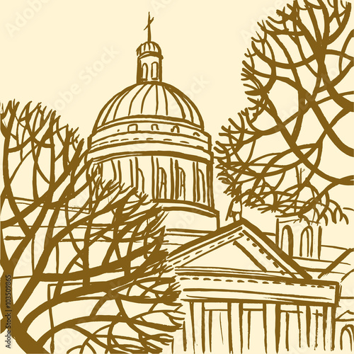St. Isaac's Cathedral in St. Petersburg with trees.