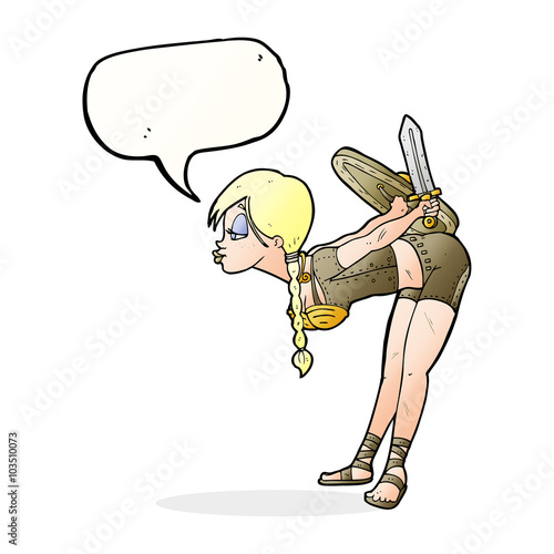cartoon viking girl bowing with speech bubble