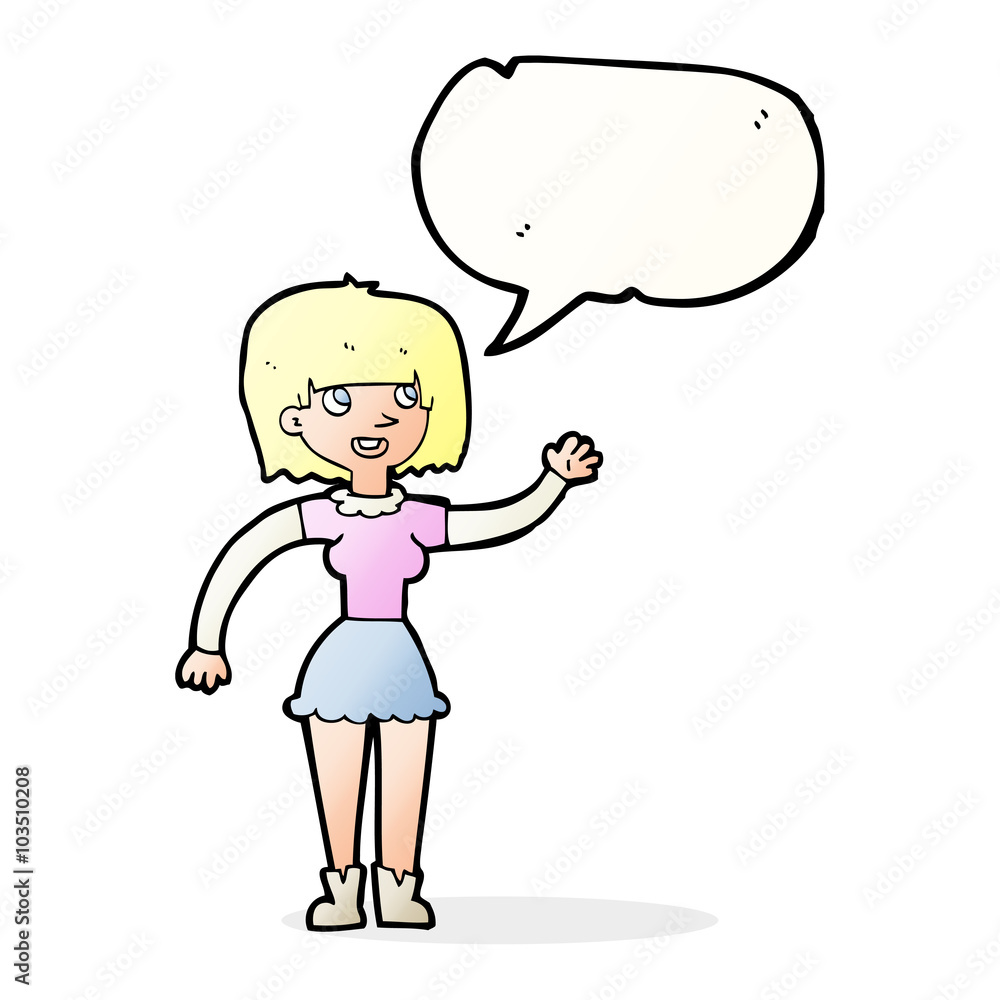 cartoon girl waving with speech bubble cartoon girl waving with speech bubble