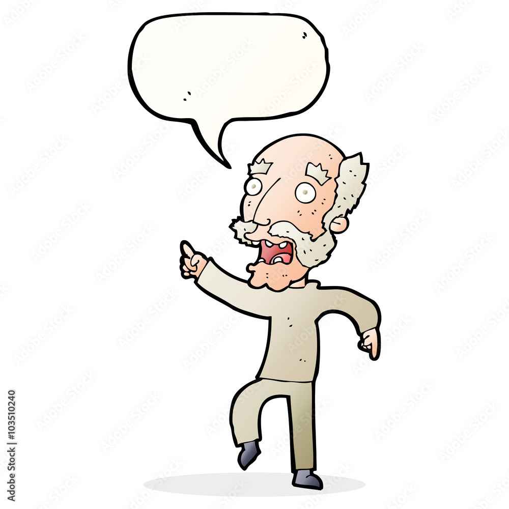cartoon frightened old man with speech bubble