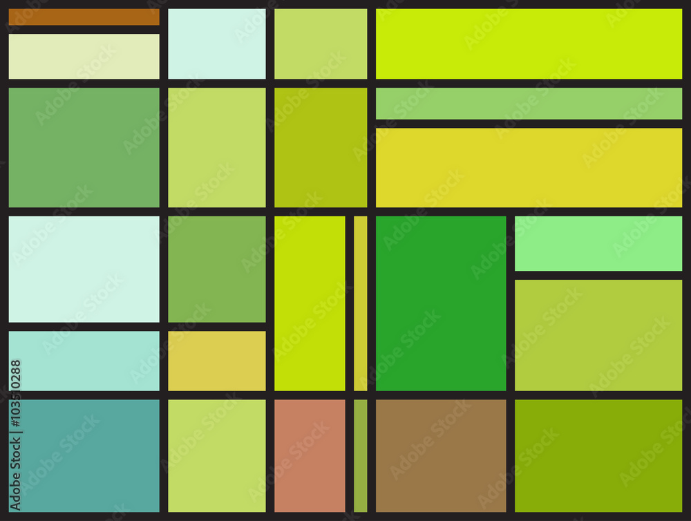 Multicolored stained glass window with irregular block pattern