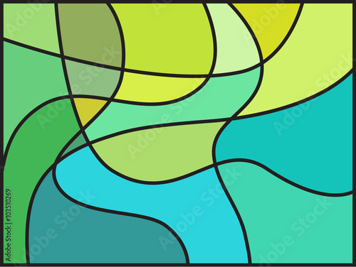 Multicolored stained glass window with irregular block pattern
