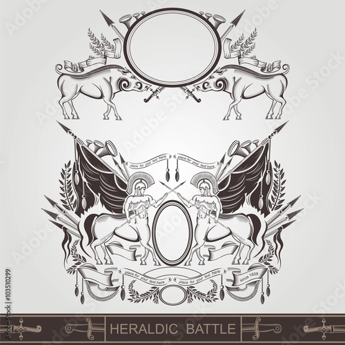 set of silhouettes of vintage military banners and elements