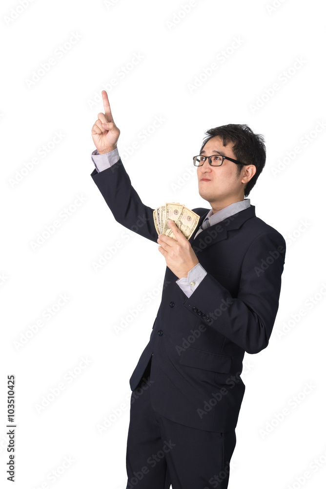 Success Asian businessman holding dollar money, isolated Success Asian businessman holding dollar money, isolated