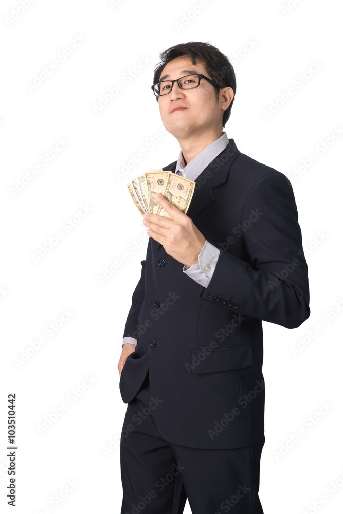 Success Asian businessman holding dollar money, isolated Success Asian businessman holding dollar money, isolated
