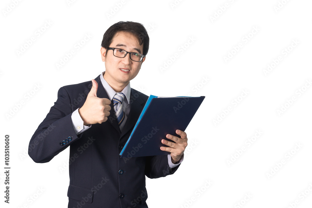 Asian businessman holding file folder and making thumbs up, isol Asian businessman holding file folder and making thumbs up, isol