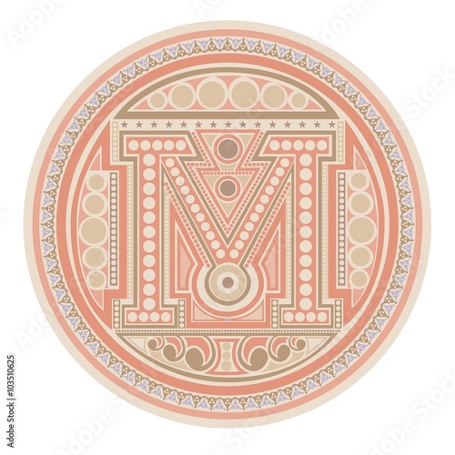 vintage circle element with capital letter M in centre