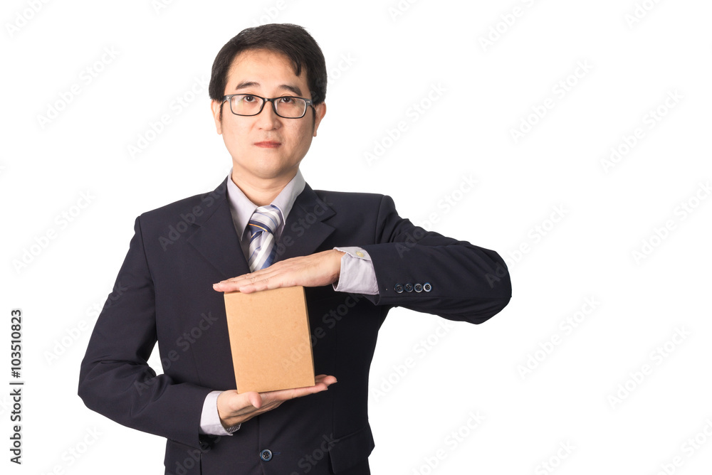 Asian businessman giving and carrying parcel, cardboard box, iso Asian businessman giving and carrying parcel, cardboard box, iso
