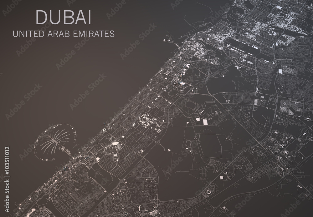 Fototapeta premium Cartina Dubai, vista satellitare, Emirati Arabi Uniti