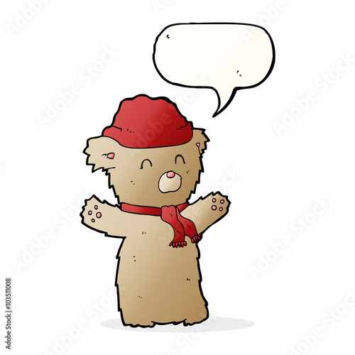 cartoon teddy bear in hat and scarf with speech bubble