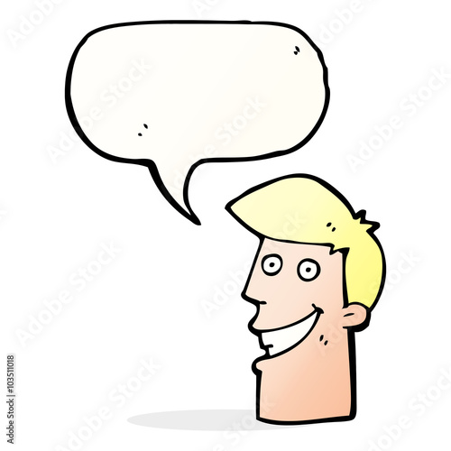 cartoon grinning man with speech bubble