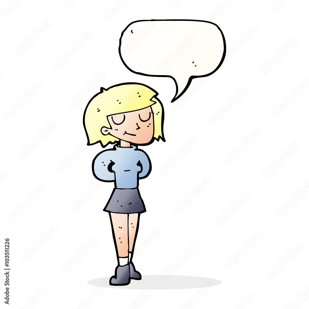 cartoon pleased woman with speech bubble cartoon pleased woman with speech bubble