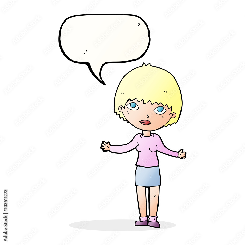 cartoon woman shrugging with speech bubble cartoon woman shrugging with speech bubble