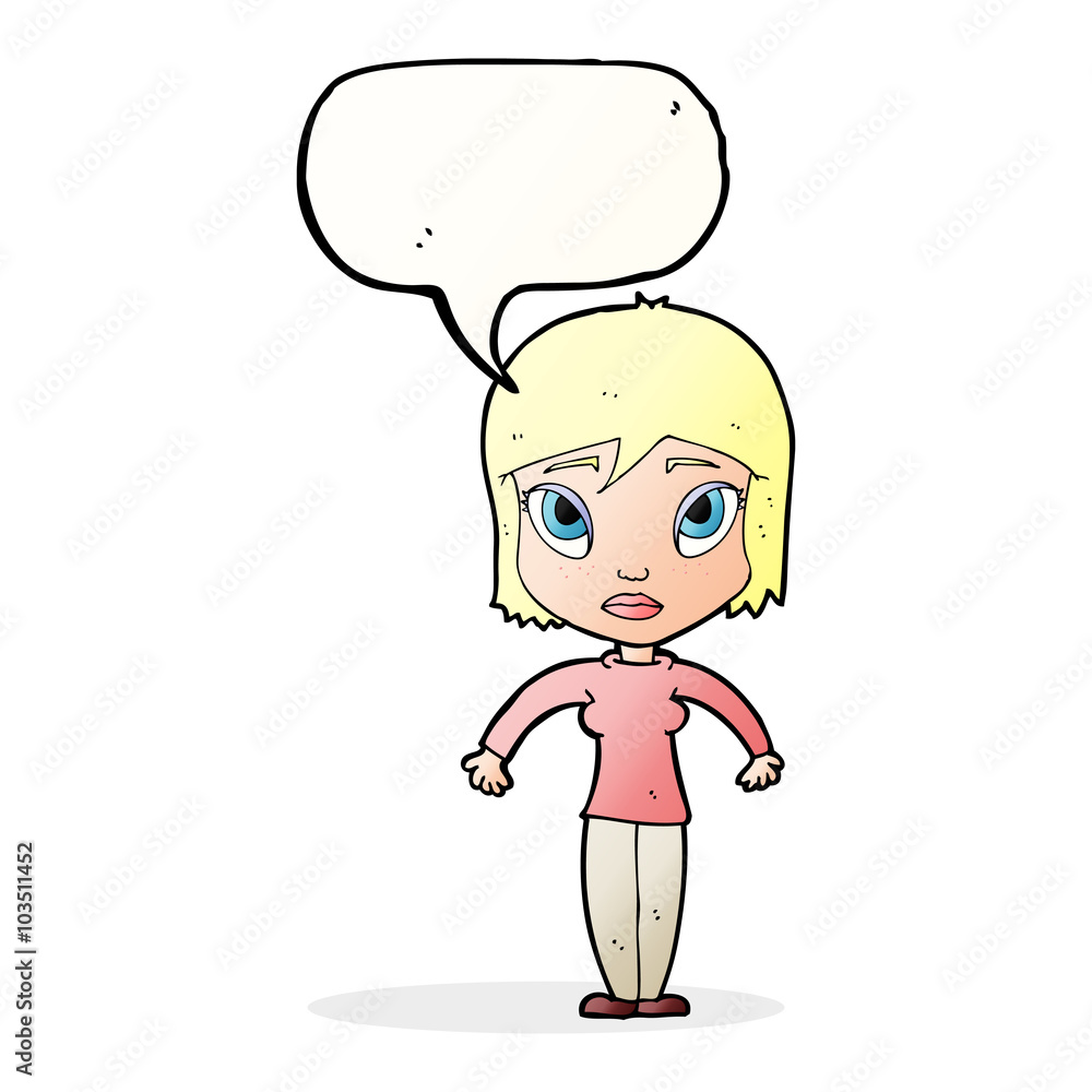 cartoon woman shrugging shoulders with speech bubble cartoon woman shrugging shoulders with speech bubble