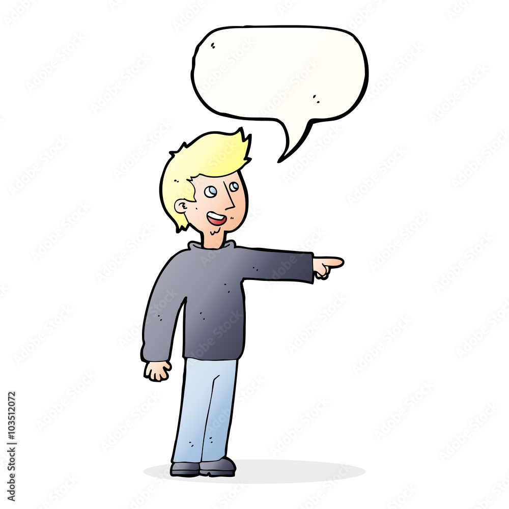cartoon happy man pointing and laughing with speech bubble