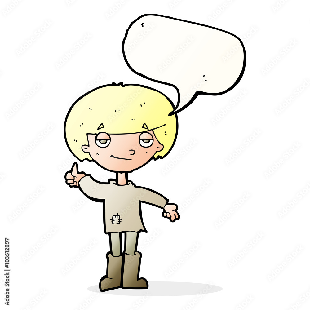 cartoon boy in poor clothing giving thumbs up symbol with speech cartoon boy in poor clothing giving thumbs up symbol with speech