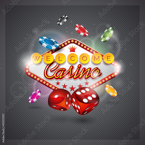 Vector illustration on a casino theme with lighting display and dices on dark backgroun.