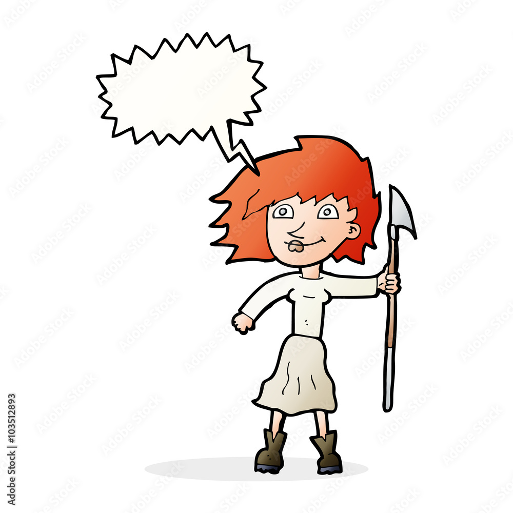 cartoon woman with spear with speech bubble