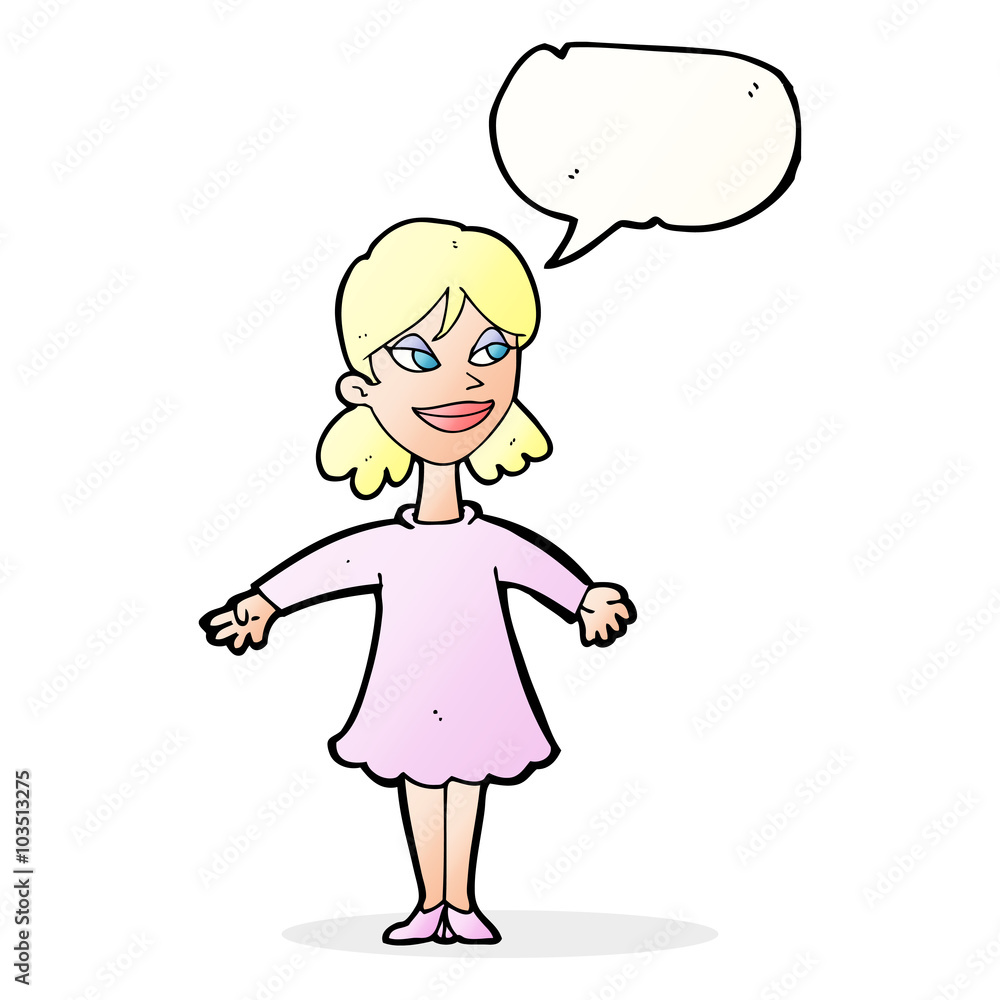 cartoon woman with open arms with speech bubble cartoon woman with open arms with speech bubble