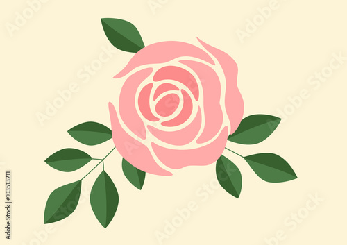 vector illustration of a pink rose and green leafs