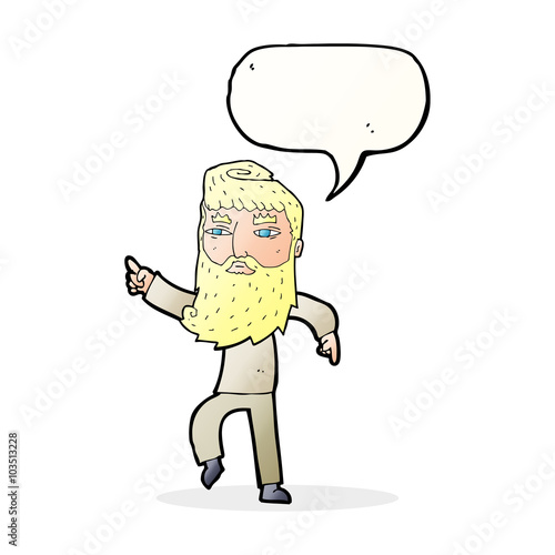 cartoon bearded man pointing the way with speech bubble