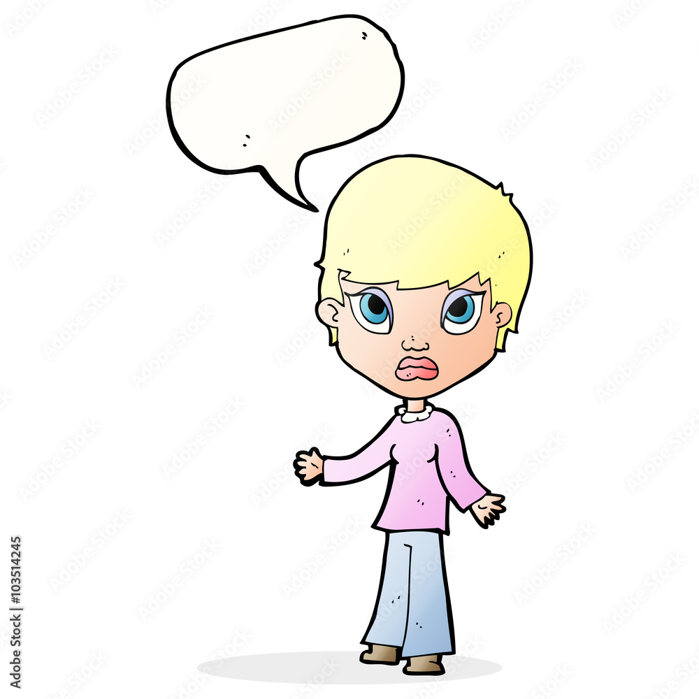 cartoon woman shrugging shoulders with speech bubble cartoon woman shrugging shoulders with speech bubble