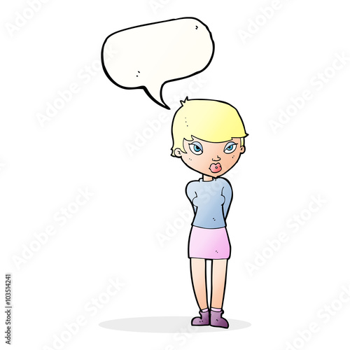 cartoon shy woman with speech bubble