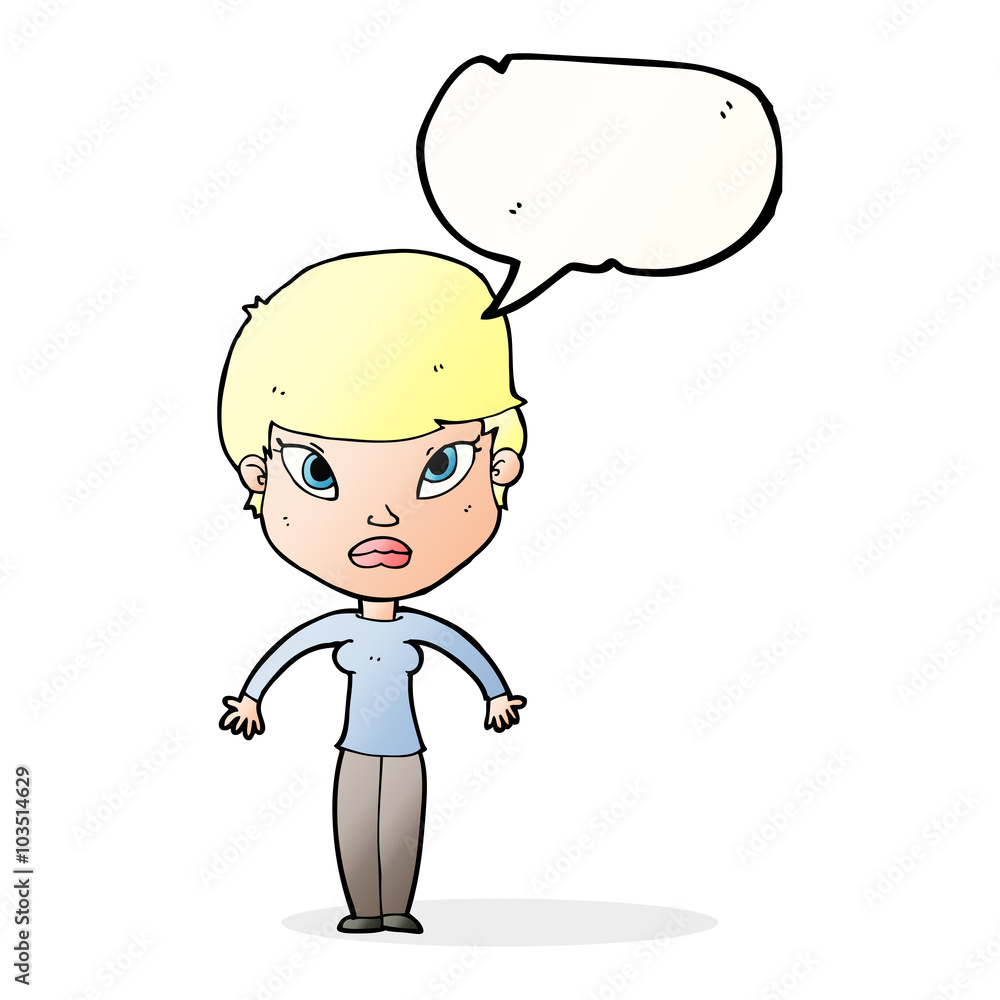 cartoon woman shrugging shoulders with speech bubble cartoon woman shrugging shoulders with speech bubble