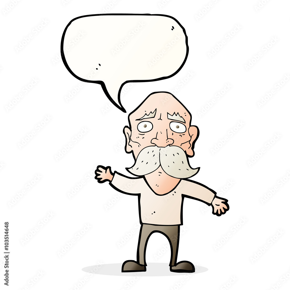 cartoon worried old man with speech bubble