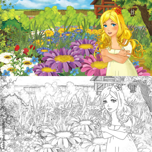 Cartoon farm scene with little elf girl on flowers - with coloring page - image for different fairy tales - illustration for the children