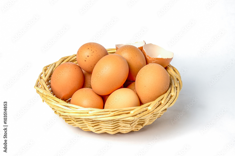 Eggs with broken shells on white background. Eggs with broken shells on white background.