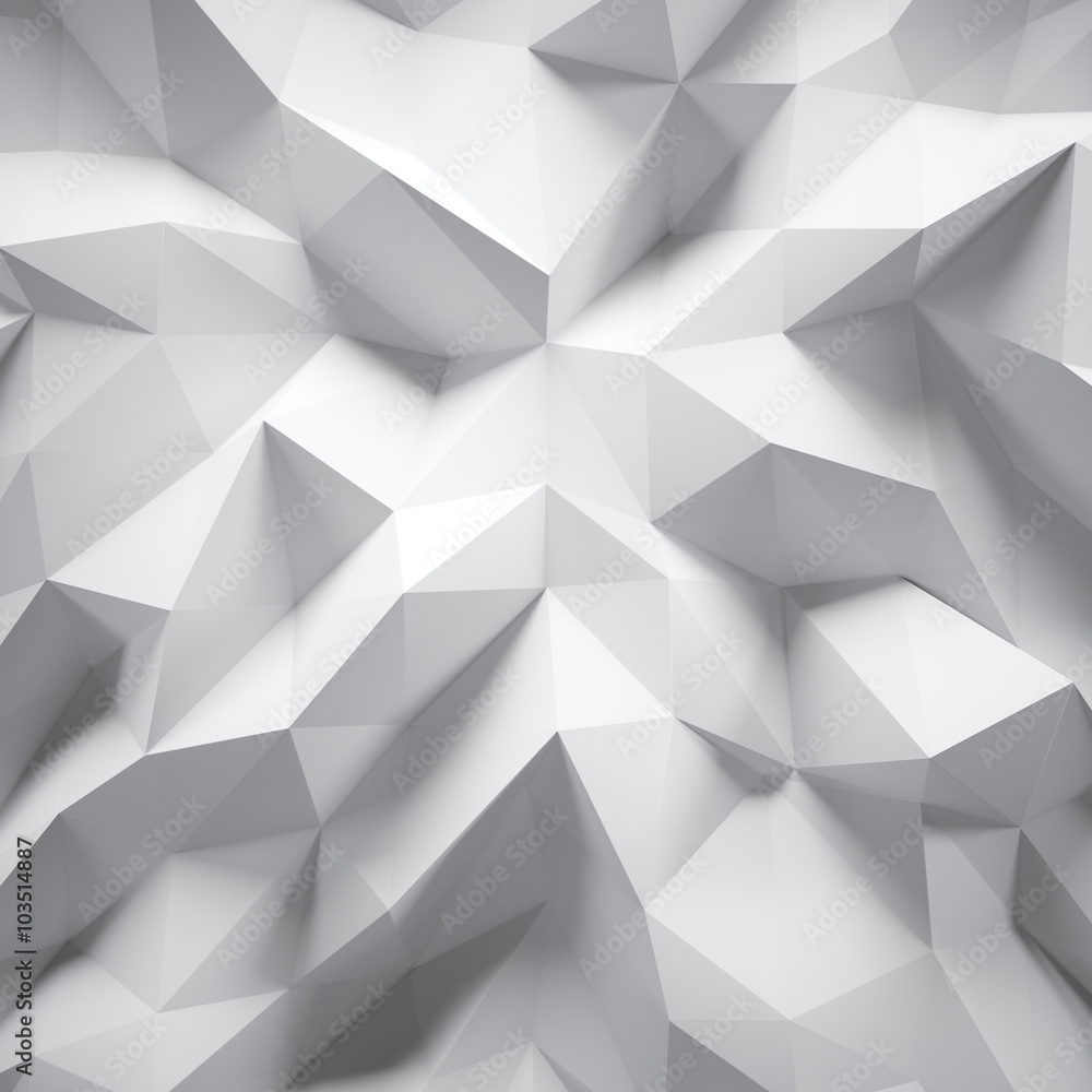 Photo of highly detailed white polygon. White geometric rumpled triangular low poly style. Abstract gradient graphic background. Square. 3d render