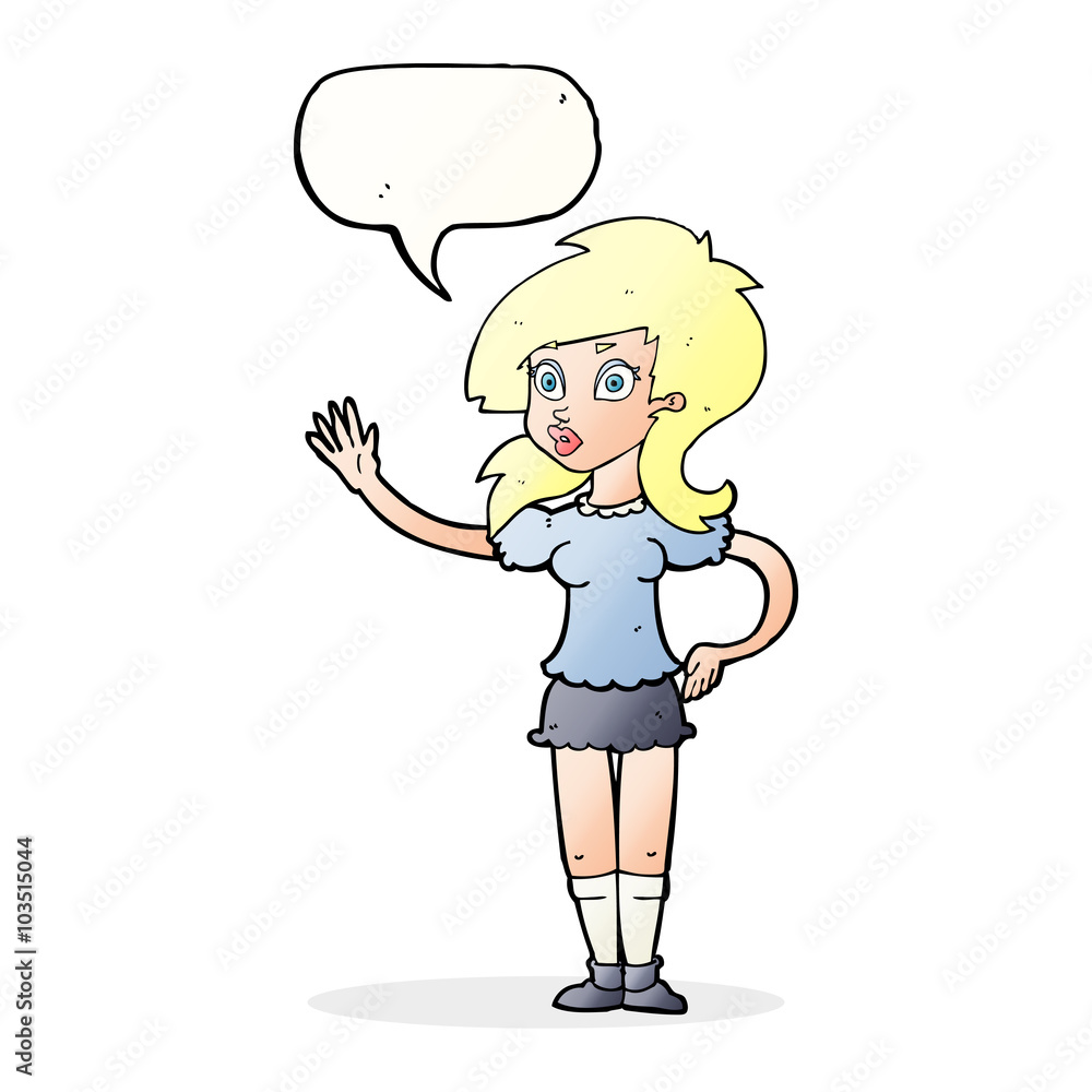 cartoon pretty woman waving for attention with speech bubble cartoon pretty woman waving for attention with speech bubble