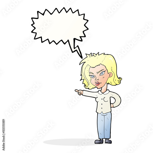 cartoon woman pointing with speech bubble