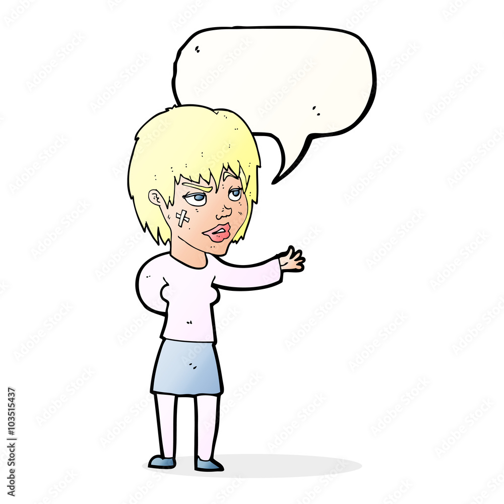 cartoon woman with sticking plaster on face with speech bubble cartoon woman with sticking plaster on face with speech bubble