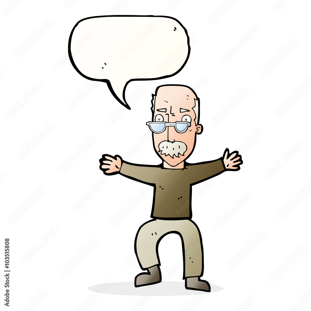 cartoon old man waving arms with speech bubble