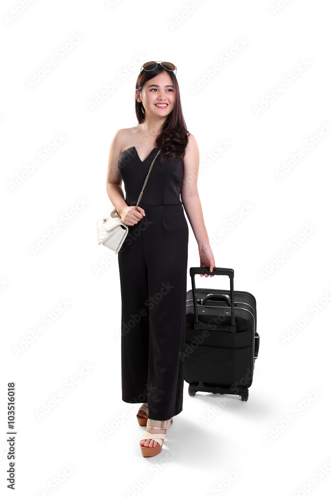 Beautiful traveling woman with suitcase, full body shot Beautiful traveling woman with suitcase, full body shot