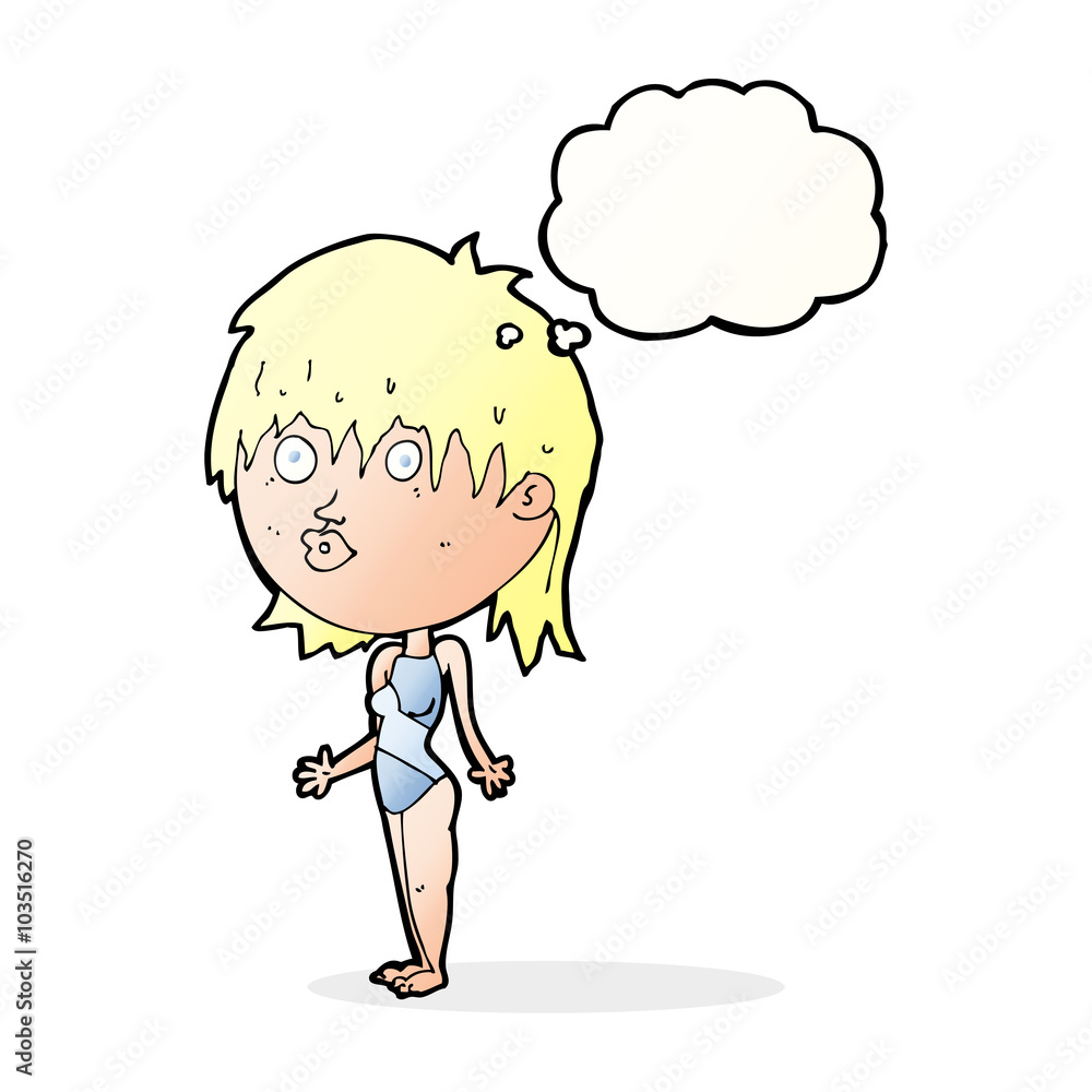 cartoon woman in swimsuit shrugging shoulders with speech bubble cartoon woman in swimsuit shrugging shoulders with speech bubble