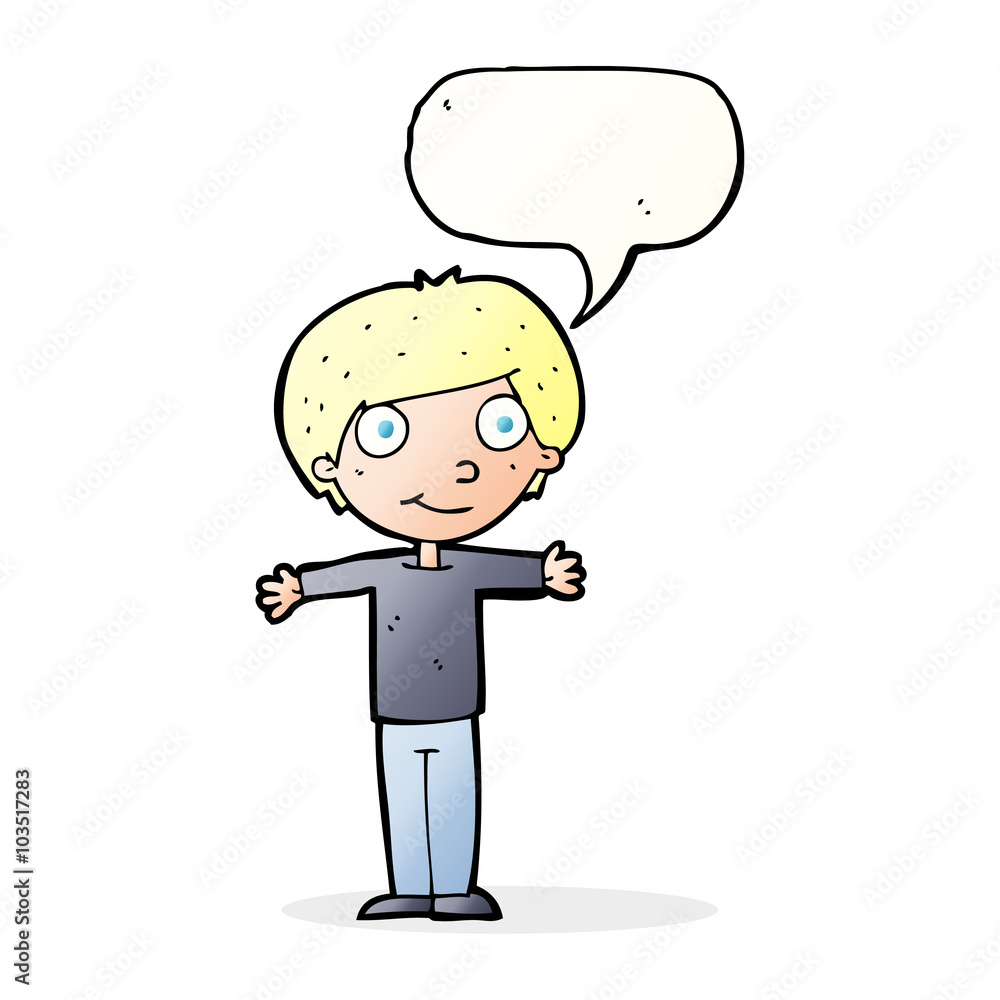 cartoon happy boy with open arms with speech bubble cartoon happy boy with open arms with speech bubble