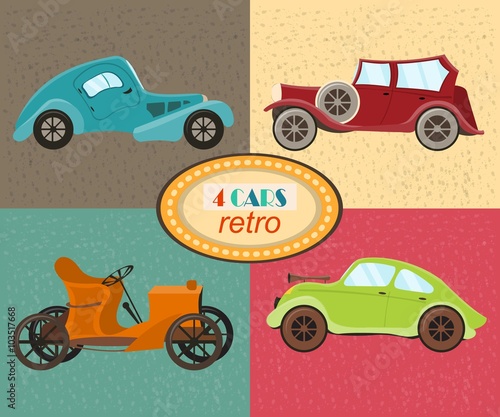 Vector set of four retro cars. Urban traffic vehicles. Icons featuring modern and retro automobiles, old fashioned vintage car. Multicolored retro cars. Isolated. Vector illustration