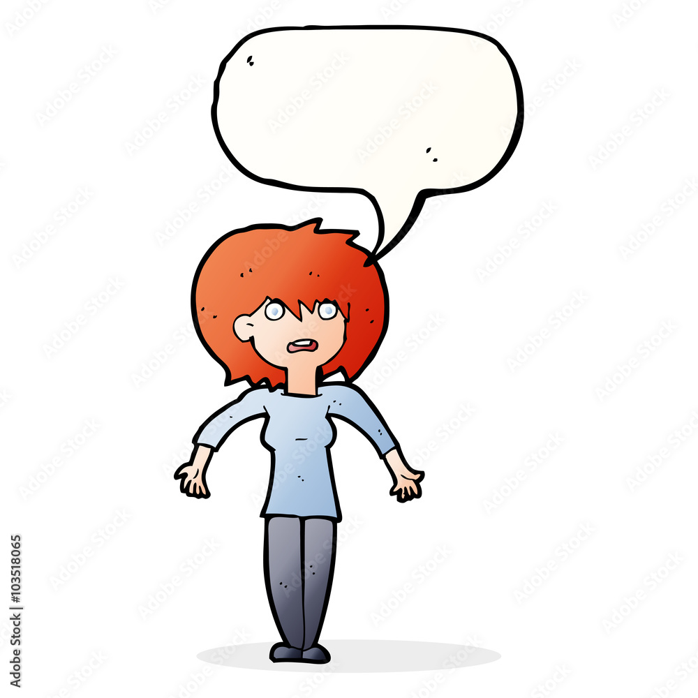 cartoon woman shrugging shoulders with speech bubble cartoon woman shrugging shoulders with speech bubble