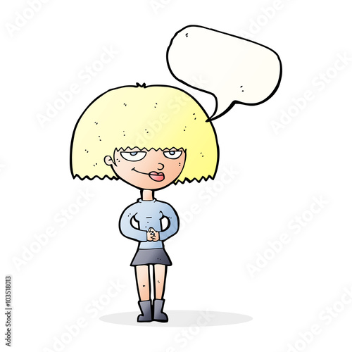 cartoon sly woman with speech bubble