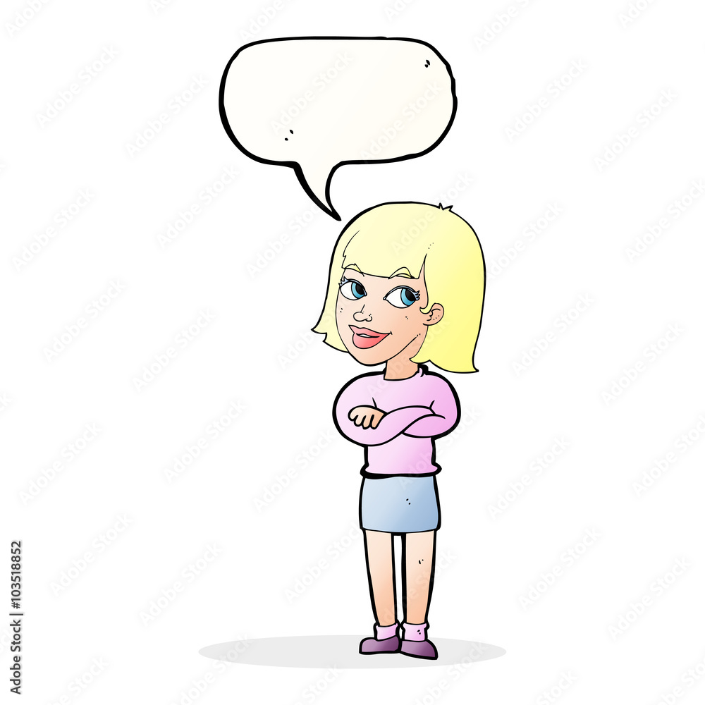 cartoon happy woman looking over with speech bubble cartoon happy woman looking over with speech bubble