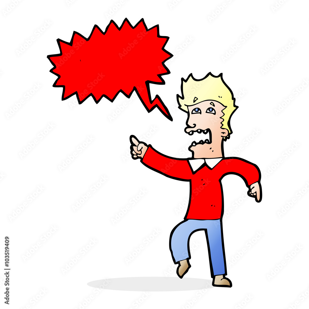 cartoon frightened man pointing with speech bubble cartoon frightened man pointing with speech bubble