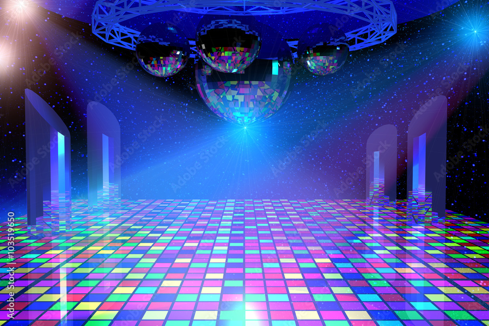 Disco lights background with mirror balls, chrome lattice and shining ...