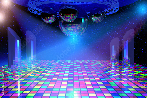 Disco lights background with mirror balls, chrome lattice and shining stars. 3d illustration. photo